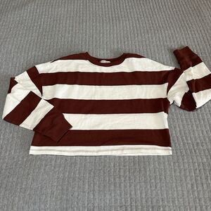 FITZ & EDDI 100% Cotton Brown White Striped Cropped Long Sleeve Rugby Top Wmns S